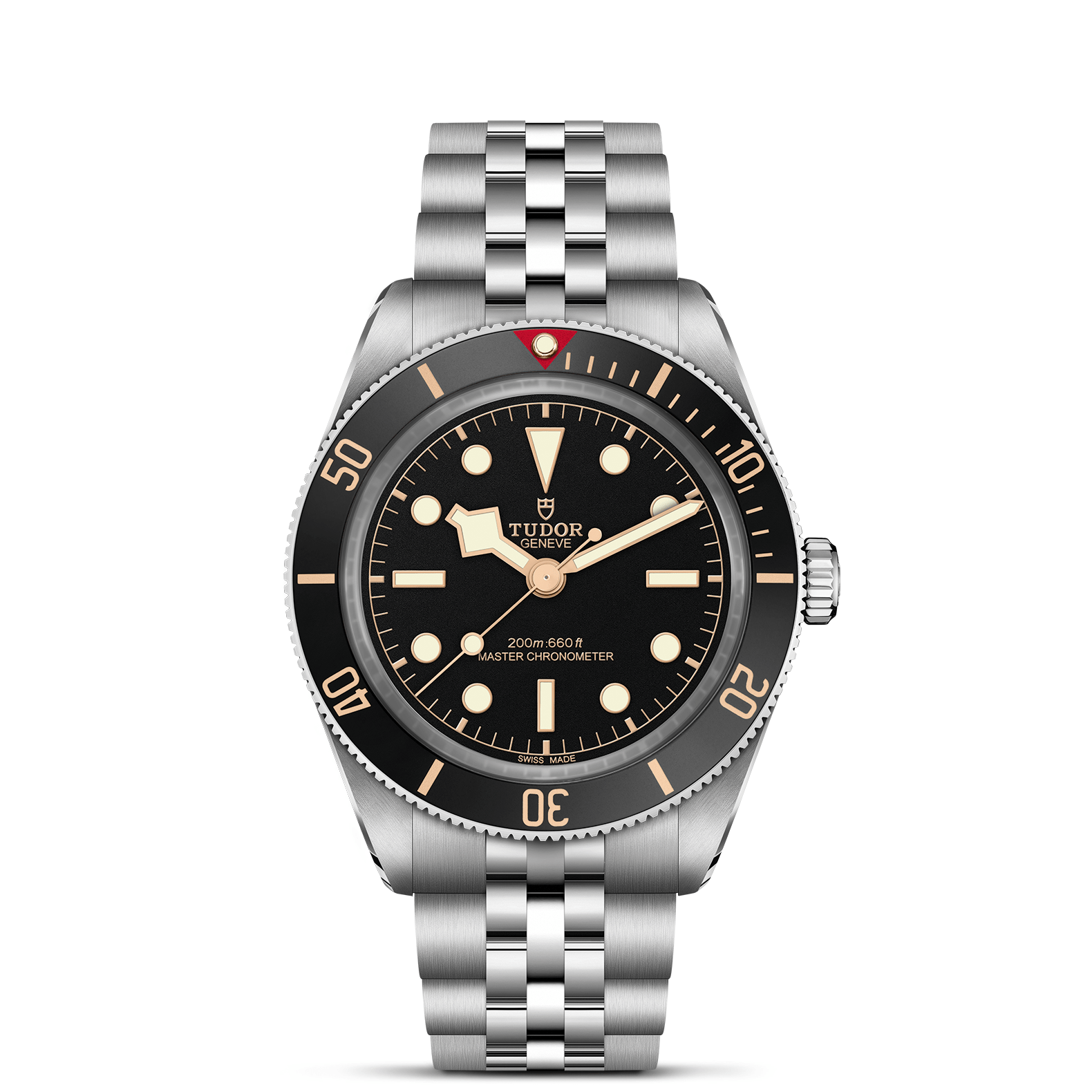 Tudor Black Bay 58 watch with a steel bracelet and black dial on a white background.