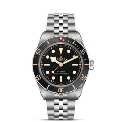 Tudor Black Bay 58 watch with a steel bracelet and black dial on a white background.