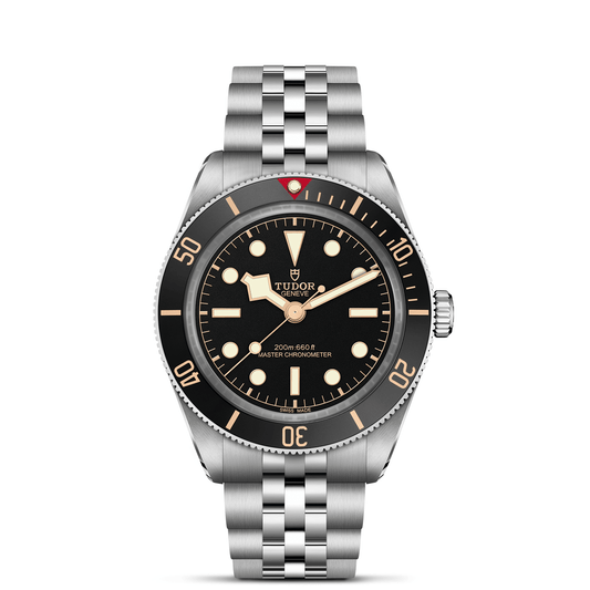 Tudor Black Bay 58 watch with a steel bracelet and black dial on a white background.