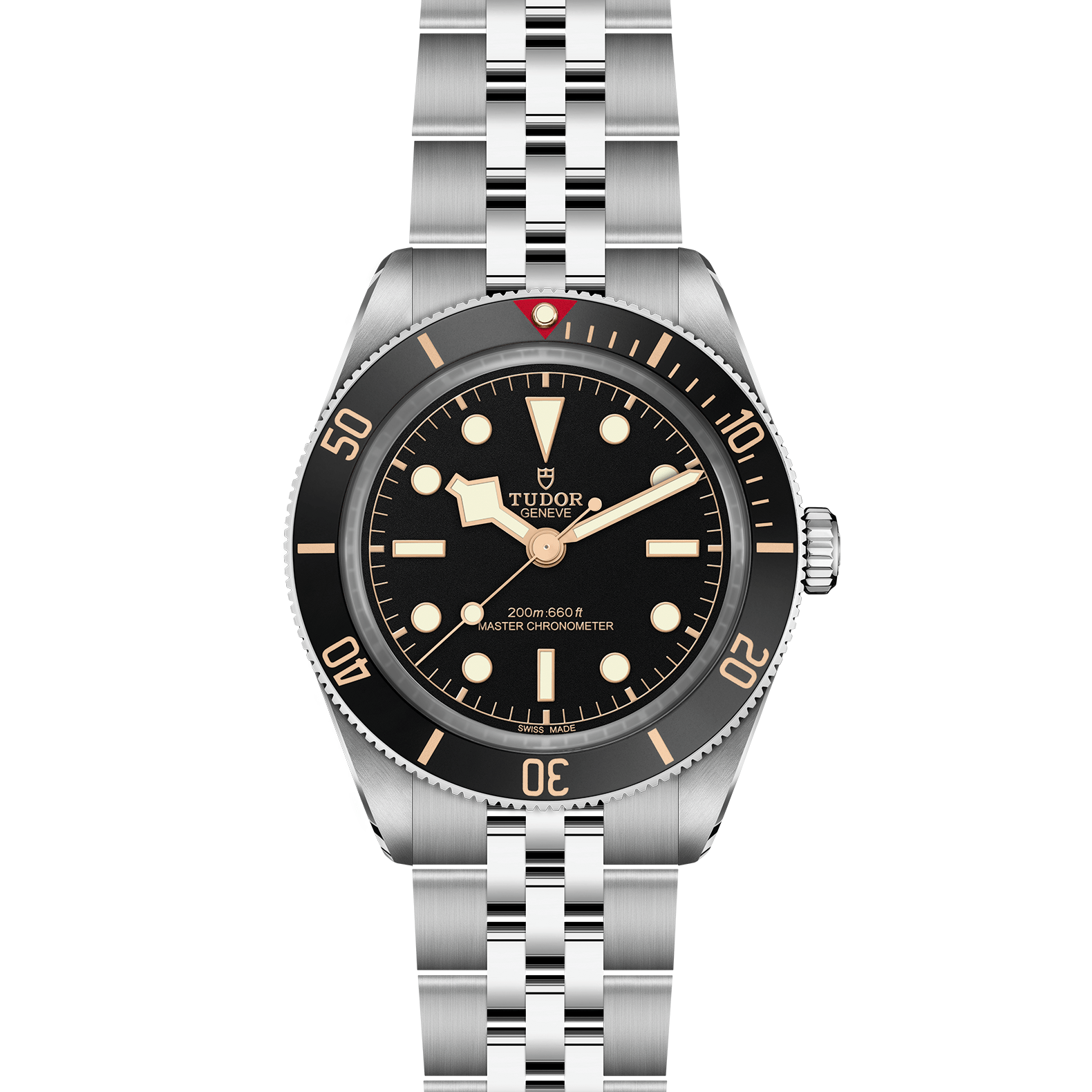 Tudor Black Bay 58 watch with a steel bracelet and black dial on a white background.