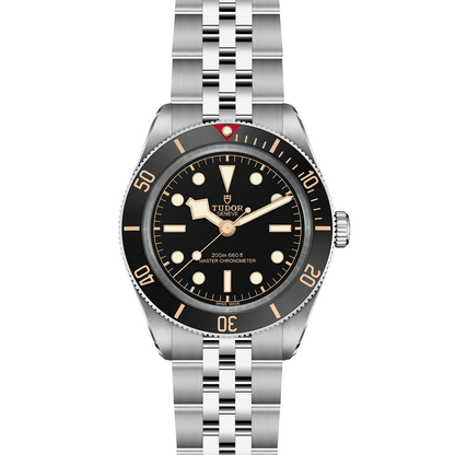 Tudor Black Bay 58 watch with a steel bracelet and black dial on a white background.