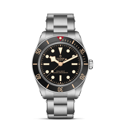 Tudor Black Bay 58 watch with a steel bracelet and black dial on a white background.