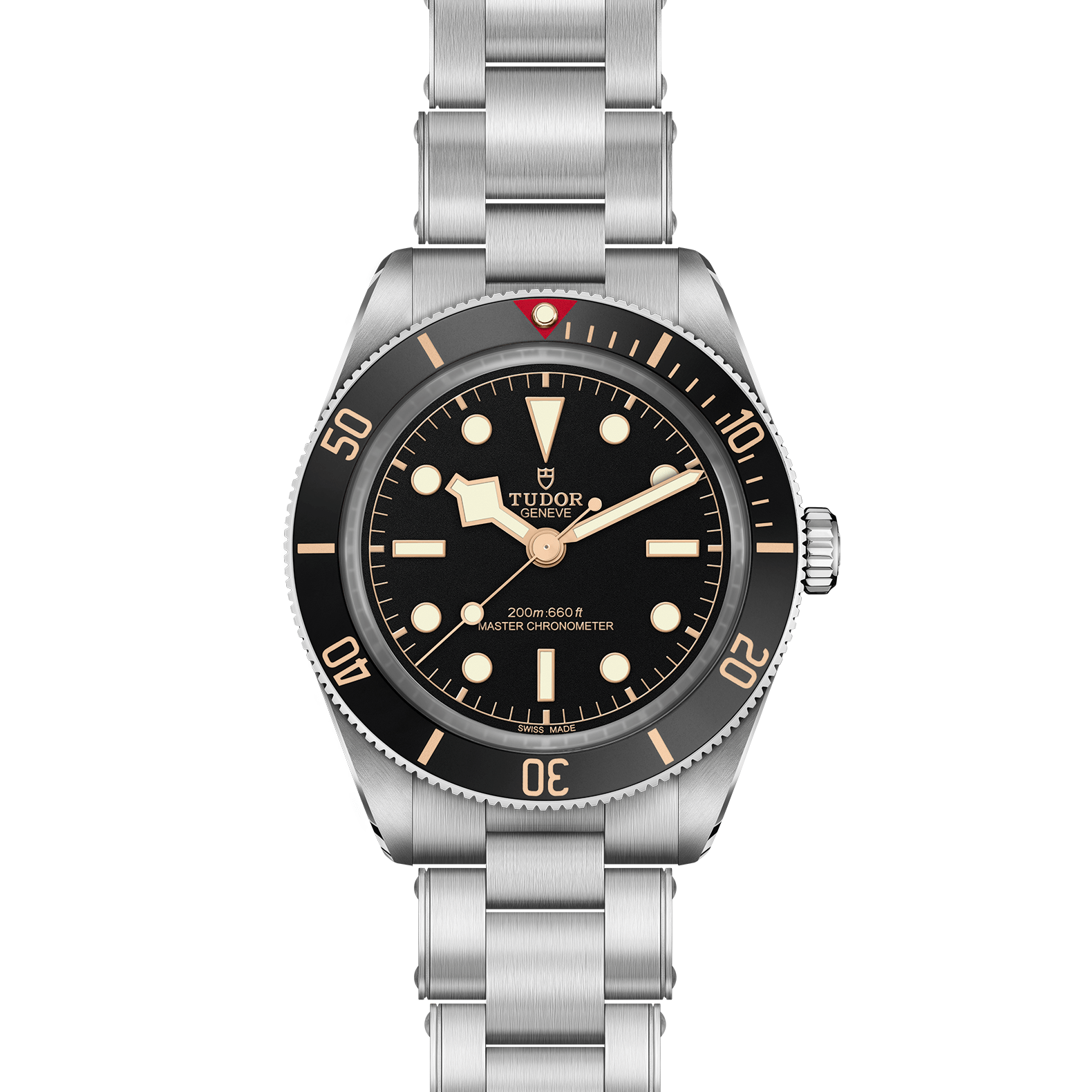 Tudor Black Bay 58 watch with a steel bracelet and black dial on a white background.