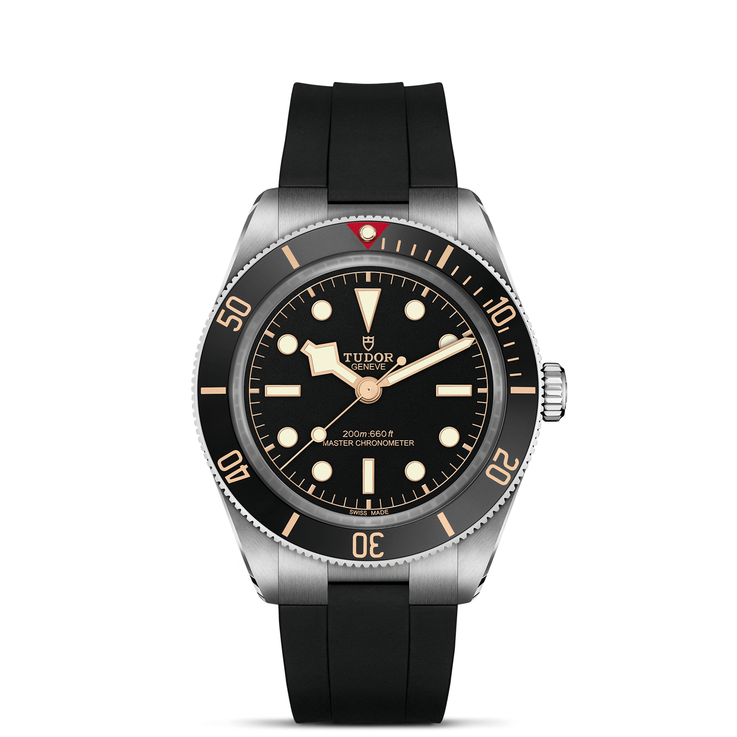Tudor Black Bay 58 watch with a black rubber strap and black dial on a white background.