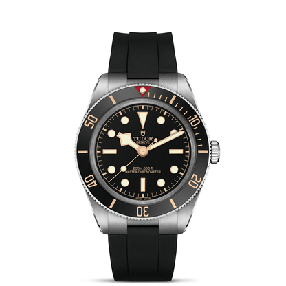 Tudor Black Bay 58 watch with a black rubber strap and black dial on a white background.