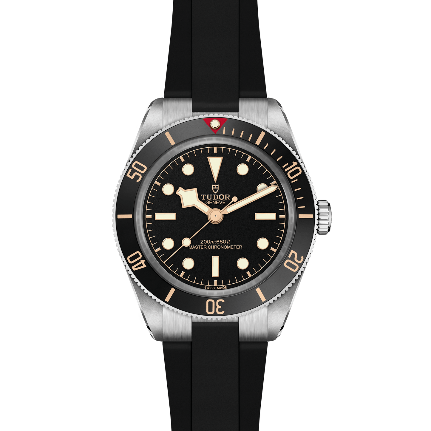 Tudor Black Bay 58 watch with a black rubber strap and black dial on a white background.