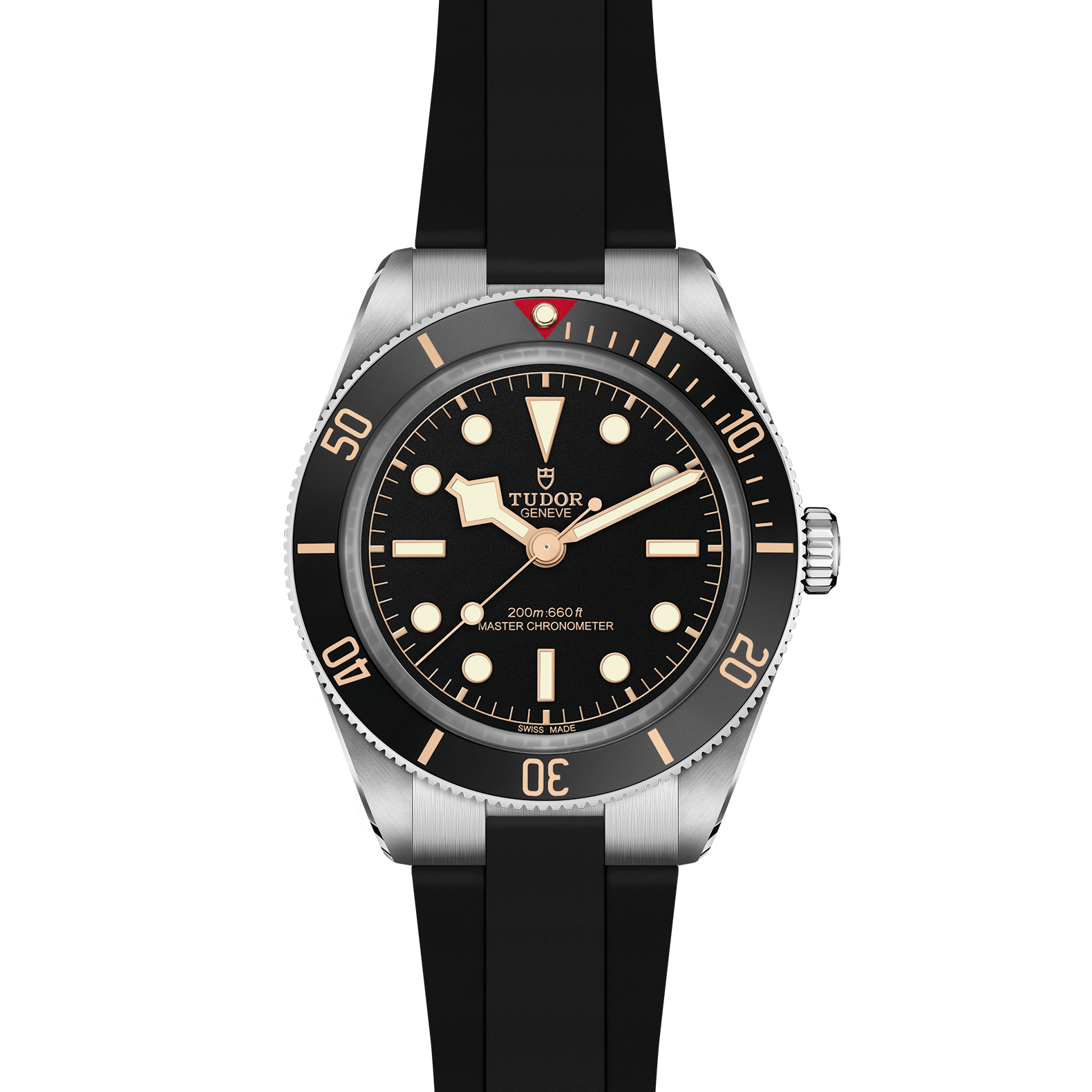 Tudor Black Bay 58 watch with a black rubber strap and black dial on a white background.