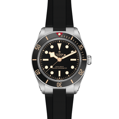 Tudor Black Bay 58 watch with a black rubber strap and black dial on a white background.