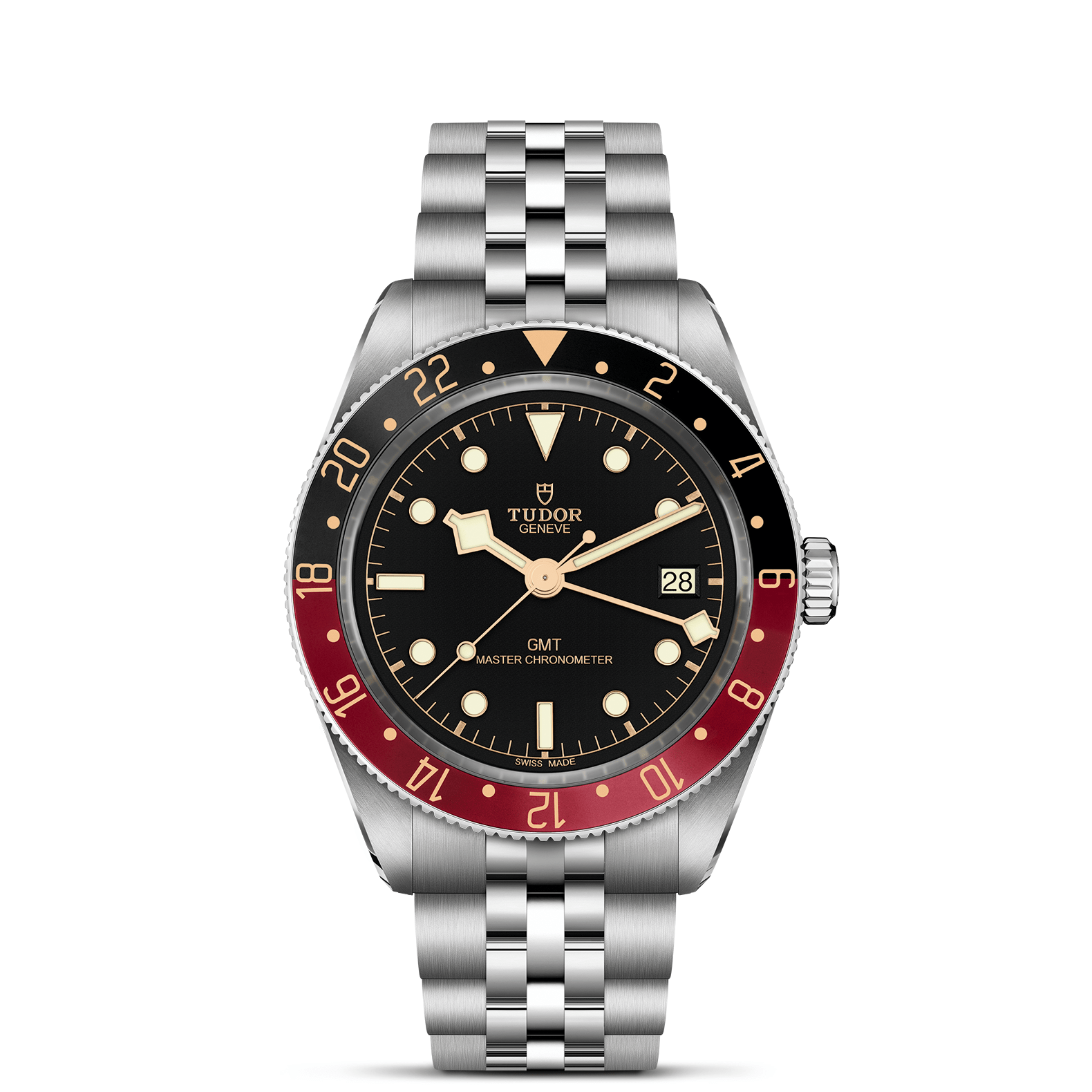 Tudor Black Bay 58 GMT watch with a steel bracelet and black dial on a white background.