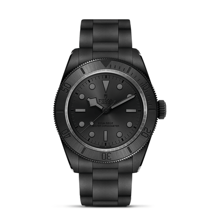 TUDOR Black Bay Ceramic watch on bracelet with black dial on a white background.