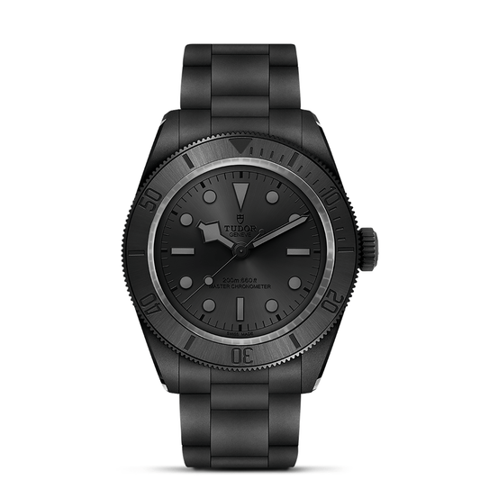 TUDOR Black Bay Ceramic watch on bracelet with black dial on a white background.