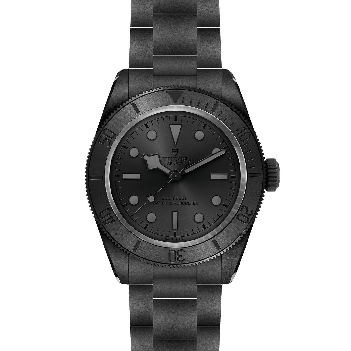 TUDOR Black Bay Ceramic watch on bracelet with black dial on a white background.