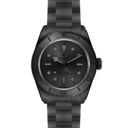 TUDOR Black Bay Ceramic watch on bracelet with black dial on a white background.