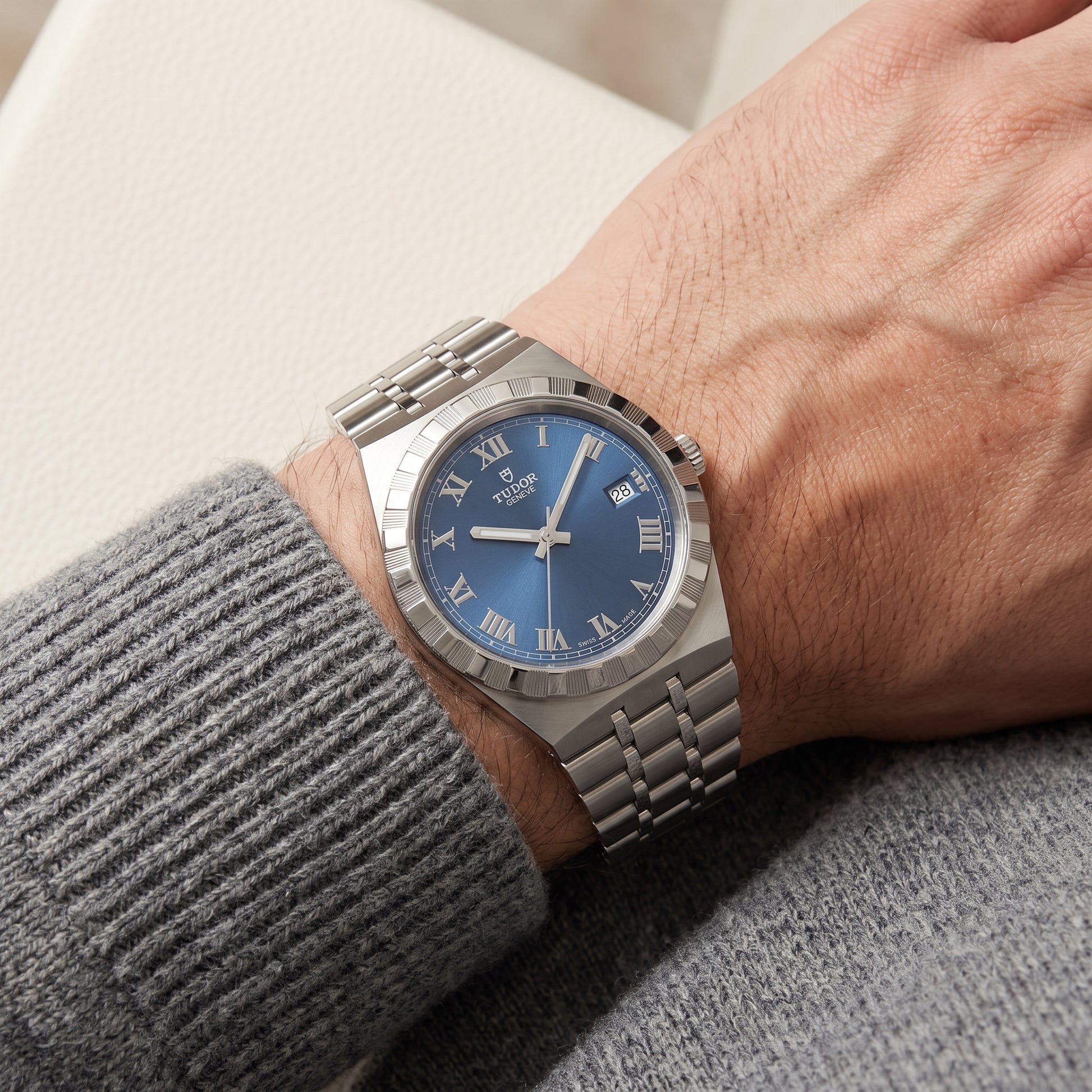 TUDOR Royal with steel bracelet and blue dial on a gents wrist.