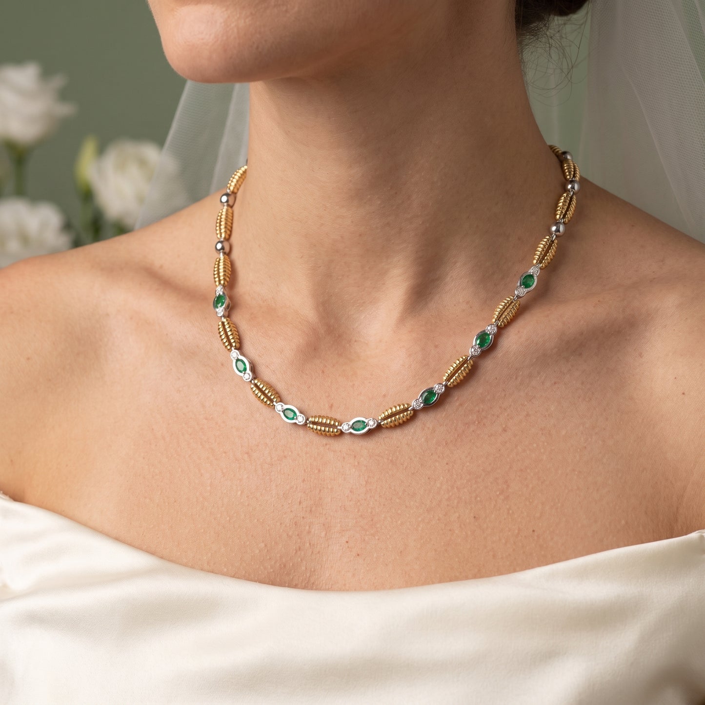 Pre-Owned Emerald & Diamond Necklace in 18ct Yellow & White Gold