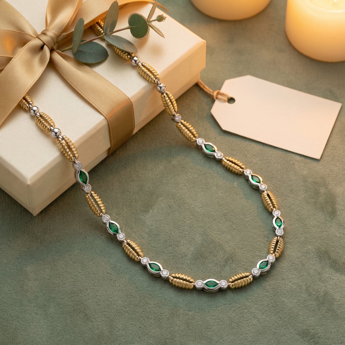 Pre-Owned Emerald & Diamond Necklace in 18ct Yellow & White Gold