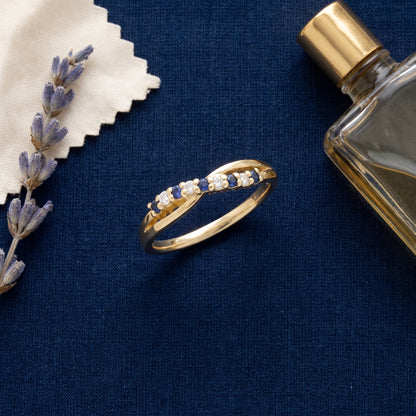 Sapphire & Diamond Crossover Half Eternity Ring with 0.10ct of Round Brilliant Diamonds in 9ct Yellow Gold
