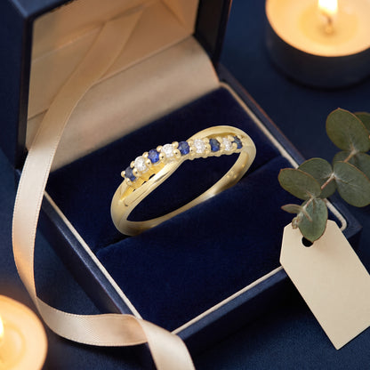 Sapphire & Diamond Crossover Half Eternity Ring with 0.10ct of Round Brilliant Diamonds in 9ct Yellow Gold
