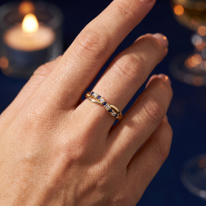 Sapphire & Diamond Crossover Half Eternity Ring with 0.10ct of Round Brilliant Diamonds in 9ct Yellow Gold