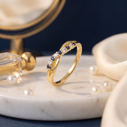 Sapphire & Diamond Crossover Half Eternity Ring with 0.10ct of Round Brilliant Diamonds in 9ct Yellow Gold