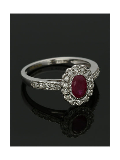 Ruby & Diamond Cluster Ring in 9ct White Gold with Diamond Shoulders