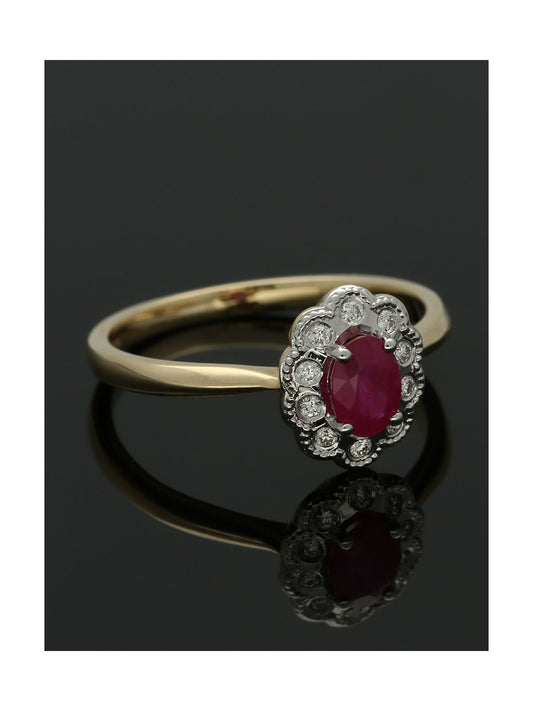 Ruby & Diamond Cluster Ring in 9ct Yellow & White Gold