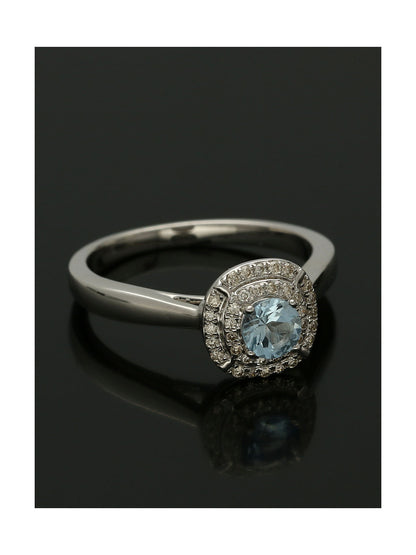Aquamarine & Diamond Double Halo Ring in 9ct White Gold