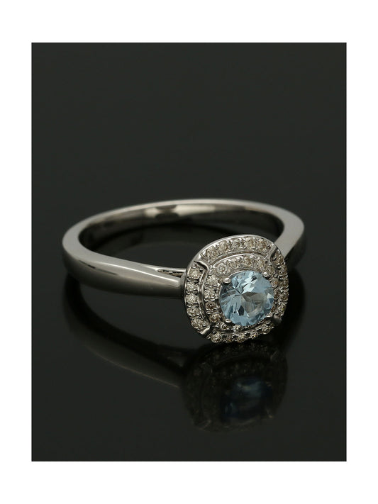 Aquamarine & Diamond Double Halo Ring in 9ct White Gold