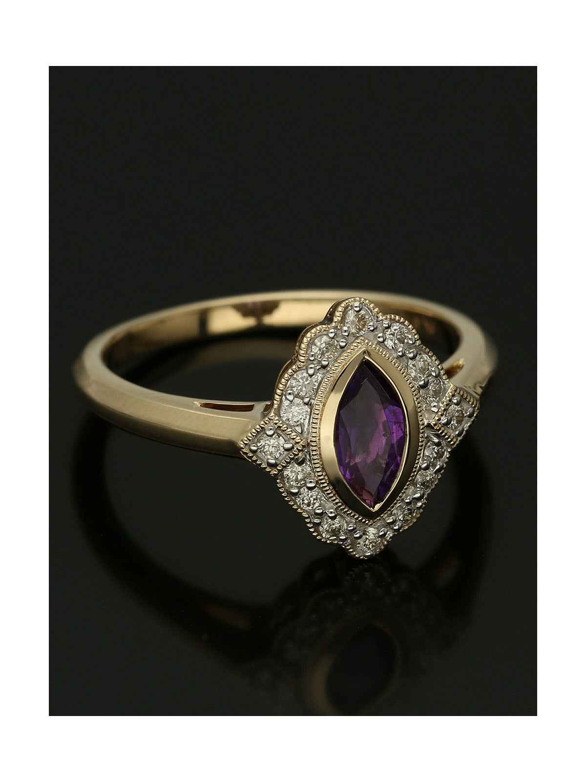 Amethyst & Diamond Marquise Rubover Cluster Ring in 9ct Yellow Gold