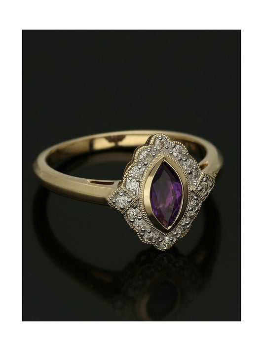 Amethyst & Diamond Marquise Rubover Cluster Ring in 9ct Yellow Gold
