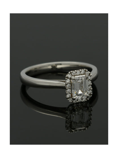 Diamond Halo Engagement Ring 0.70ct Certificated Emerald Cut in Platinum