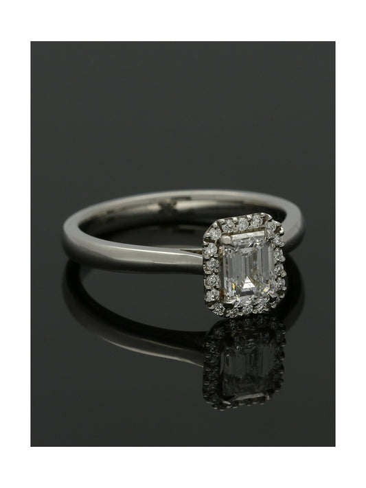 Diamond Halo Engagement Ring 0.70ct Certificated Emerald Cut in Platinum