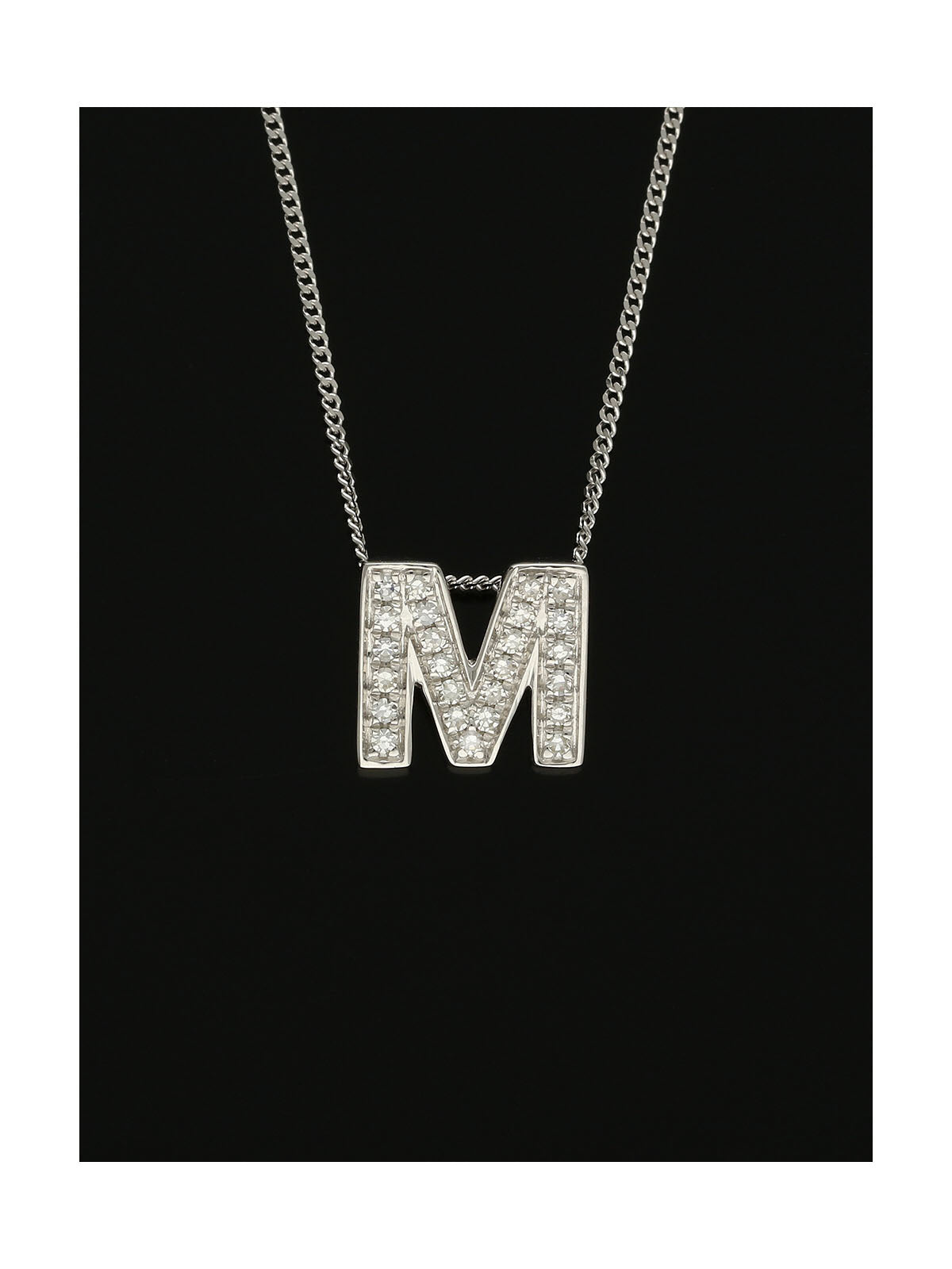 Diamond Round Brilliant Channel Set Letter 'M' Pendant Necklace in 9ct White Gold