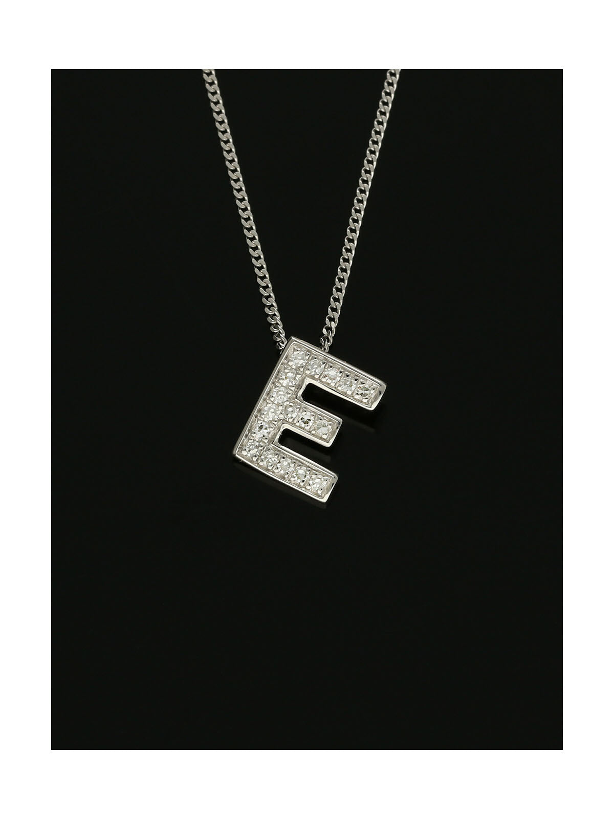 Diamond Round Brilliant Channel Set Letter 'E' Pendant Necklace in 9ct White Gold