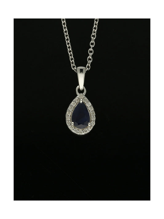 Sapphire & Diamond Teardrop Halo Pendant Necklace in 9ct White Gold