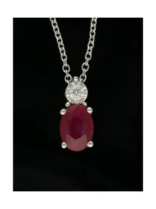 Ruby & Diamond Drop Illusion Set Pendant Necklace in 9ct White Gold