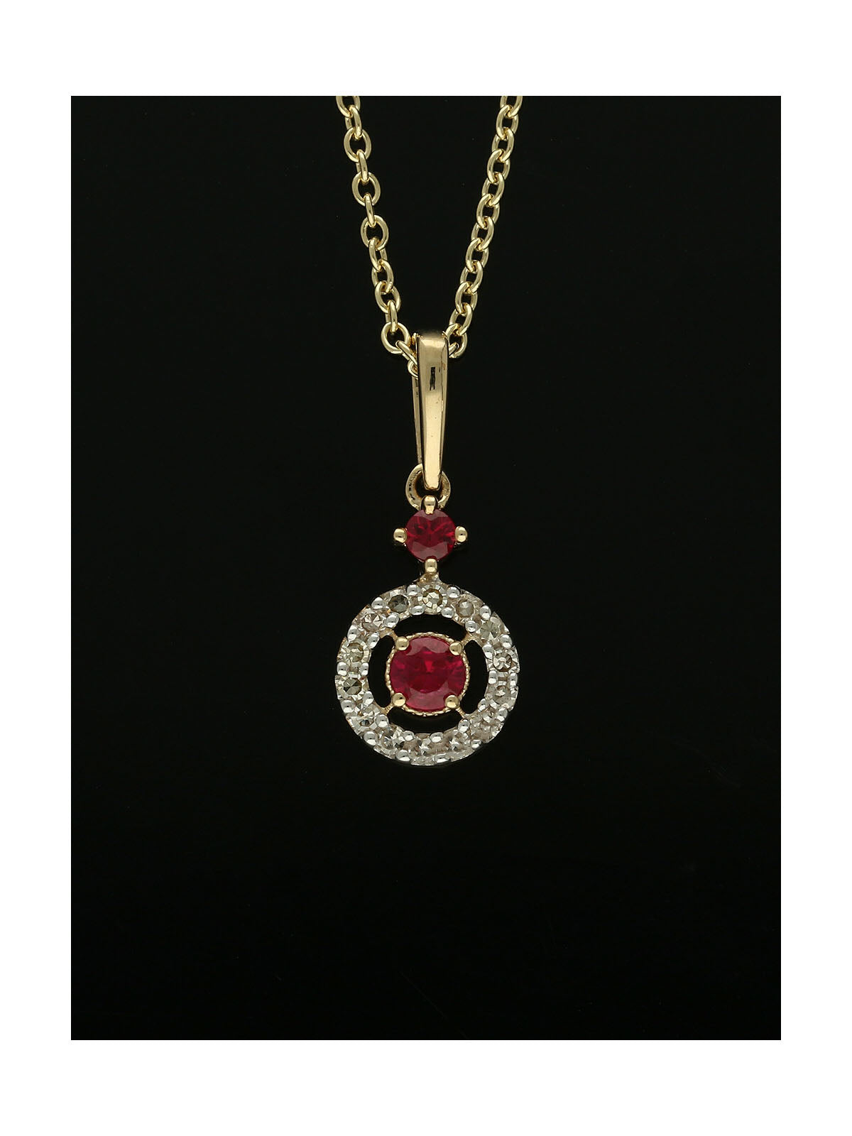 Ruby & Diamond Round Halo Drop Pendant Necklace in 9ct Yellow Gold