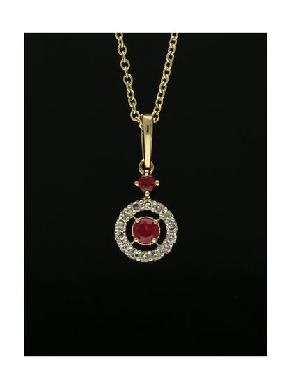 Ruby & Diamond Round Halo Drop Pendant Necklace in 9ct Yellow Gold