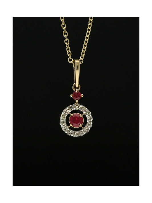 Ruby & Diamond Round Halo Drop Pendant Necklace in 9ct Yellow Gold