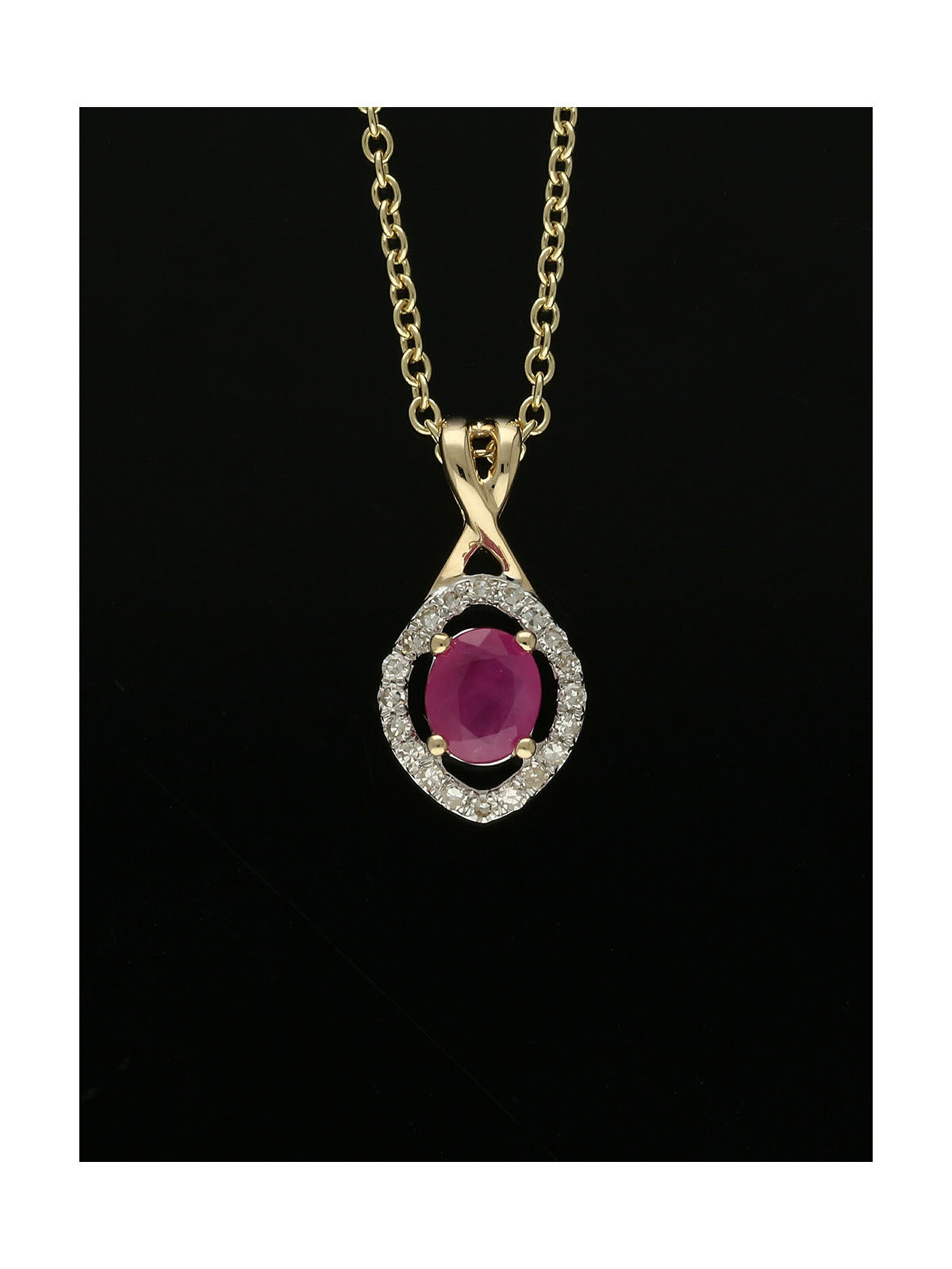 Ruby & Diamond Oval Halo Pendant Necklace in 9ct Yellow Gold