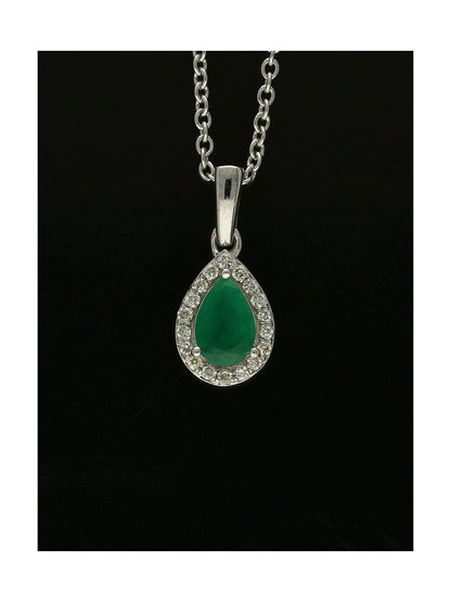 Emerald & Diamond Pear Halo Pendant Necklace in 9ct White Gold