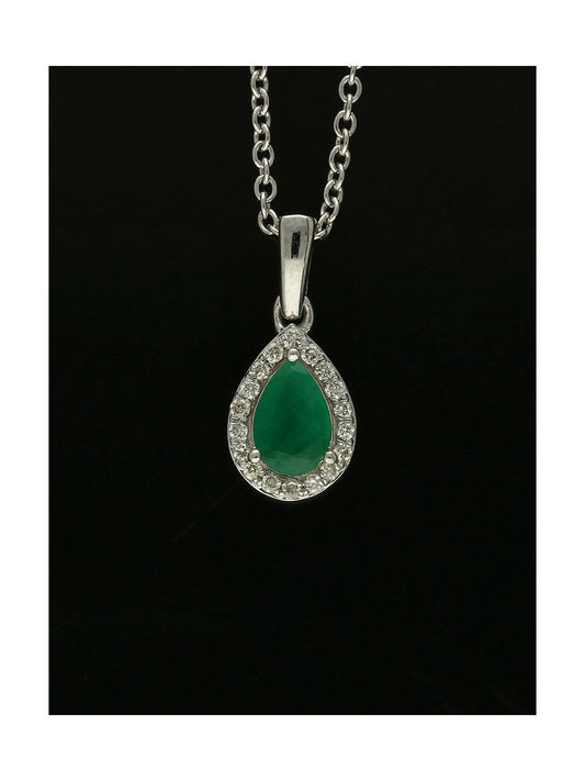 Emerald & Diamond Pear Halo Pendant Necklace in 9ct White Gold