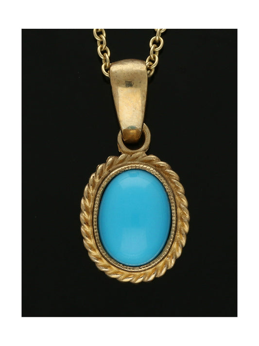 Turquoise Oval Rope Edge Pendant Necklace in 9ct Yellow Gold