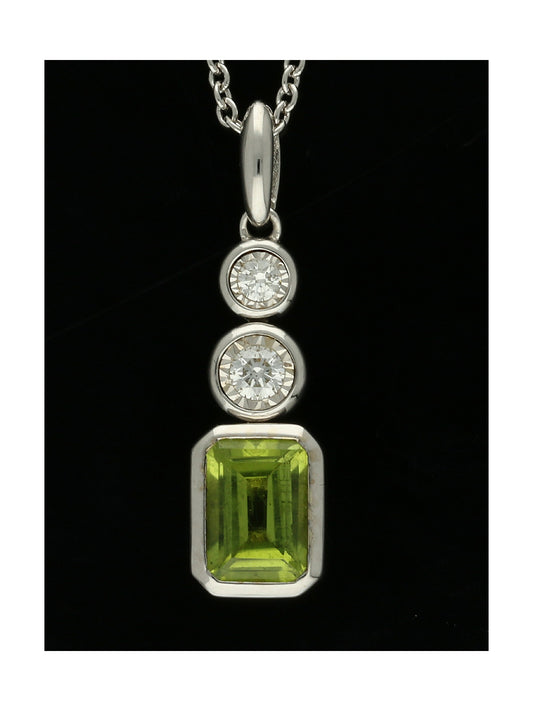 Peridot & Diamond Three Stone Drop Pendant Necklace in 9ct White Gold