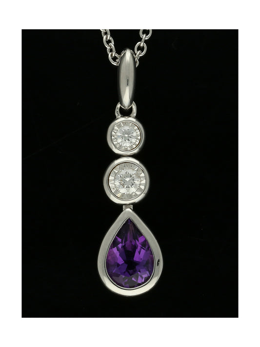 Amethyst & Diamond Three Stone Drop Pendant Necklace in 9ct White Gold