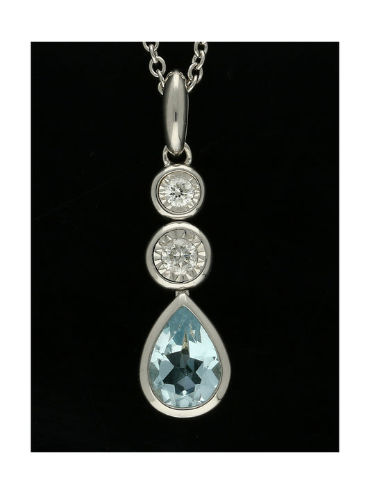 Blue Topaz & Diamond Three Stone Drop Pendant Necklace in 9ct White Gold