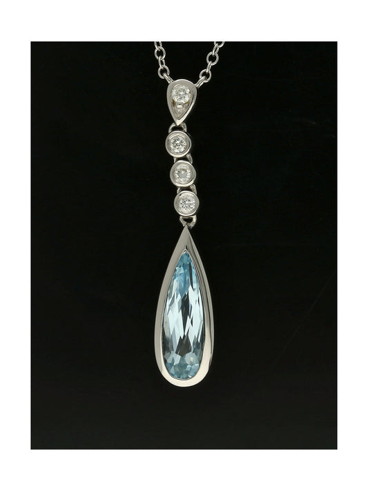 Blue Topaz & Diamond Pear Drop Pendant in 9ct White Gold on 18" Chain