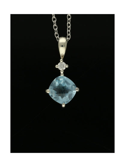 Blue Topaz & Diamond Cushion Pendant Necklace in 9ct White Gold