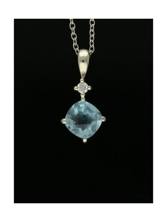 Blue Topaz & Diamond Cushion Pendant Necklace in 9ct White Gold