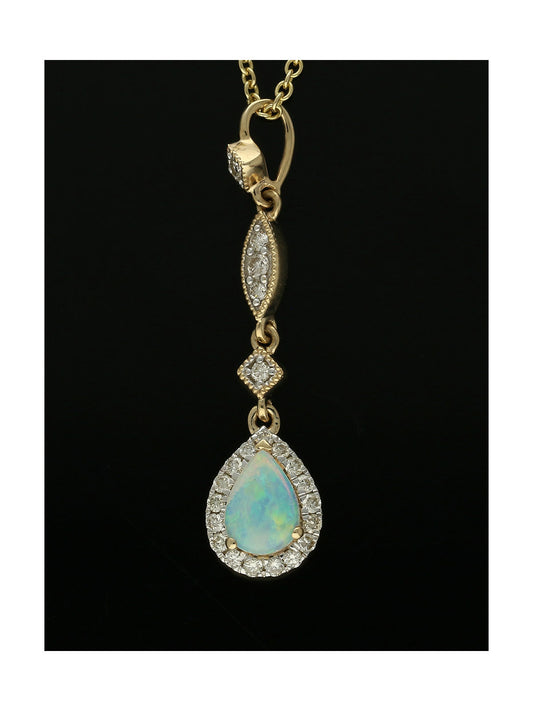 Opal & Diamond Pear Halo Drop Pendant Necklace in 9ct Yellow Gold